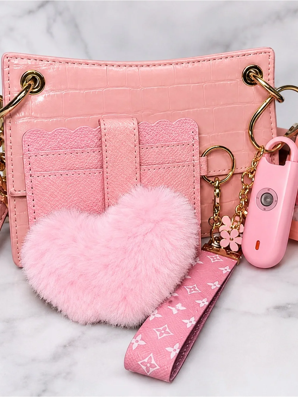 Pink Heart Pom Bag Charm Keychain with Safety Alarm